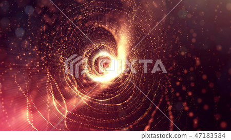 Particles form line and surface grid. 3d rendering. Science fiction golden background of glowing 47183584