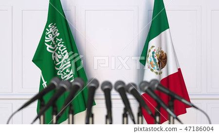Flags of Saudi Arabia and Mexico at international meeting or conference. 3D rendering 47186004