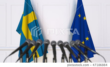 Flags of Sweden and the European Union at international meeting or conference. 3D rendering Flags of Sweden and the European Union at international meeting or conference. 3D rendering 47186864