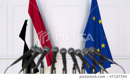 Flags of Syria and the European Union at international meeting or conference. 3D rendering Flags of Syria and the European Union at international meeting or conference. 3D rendering 47187394