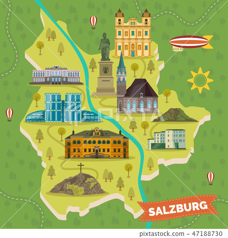 Traveling Map With Landmarks Of Salzburg. - Stock Illustration 