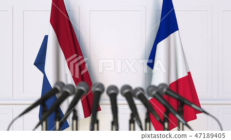Flags of the Netherlands and France at international meeting or conference. 3D rendering 47189405