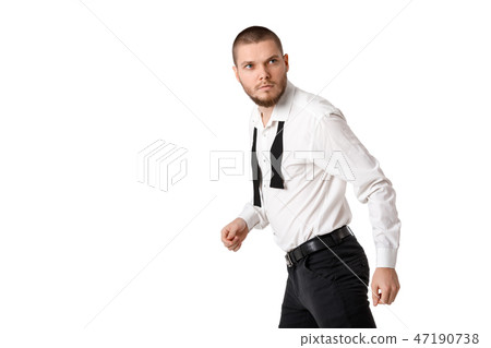 young bearded man in a white shirt and bow tie 47190738