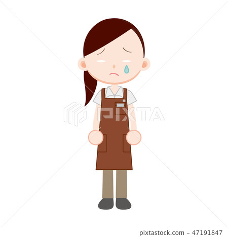 Woman clerk in brown apron tears cry Woman clerk in brown apron tears cry 47191847
