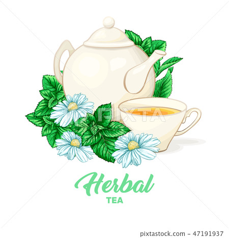 Porcelain Teapot and Tea cup with Mint Tea and Leaves. Isolated and Detailed. 47191937