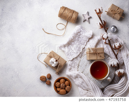 Composition with cotton branch and tea 47193758