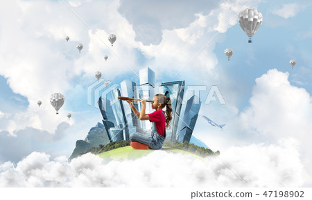 Concept of careless happy childhood with girl looking in future 47198902