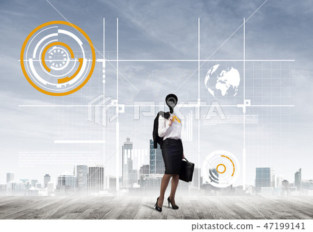 Concept of security and privacy protection with camera headed woman Concept of security and privacy protection with camera headed woman 47199141