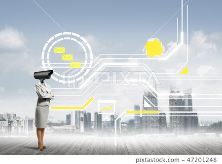 Concept of security and privacy protection with camera headed woman Concept of security and privacy protection with camera headed woman 47201248