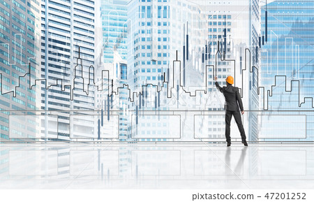 Sunrise above skyscrapers and engineer in helmet drawing globalization concept Sunrise above skyscrapers and engineer in helmet drawing globalization concept 47201252