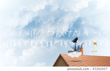 Concept of security and privacy protection with camera headed man meditating 47202057