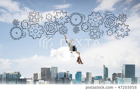 Business lady float on cloud touching drawn gear mechanism Business lady float on cloud touching drawn gear mechanism 47203058