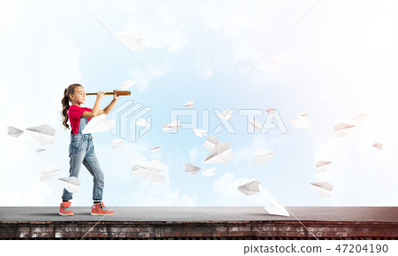 Concept of careless happy childhood with girl exploring this world Concept of careless happy childhood with girl exploring this world 47204190