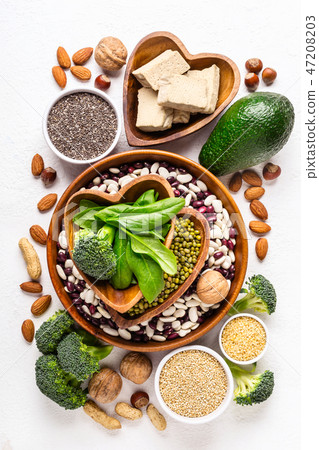 Sources of vegetable protein and Superfood. variety of healthy nutrition ingredients Sources of vegetable protein and Superfood. variety of healthy nutrition ingredients 47208203
