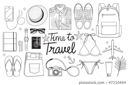Travel objects flat lay drawing style Travel objects flat lay drawing style 47210404