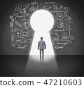 Business man standing front key hole door. 47210603
