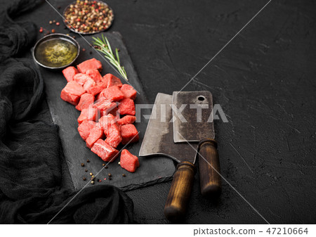 Raw lean diced casserole beef pork steak  47210664