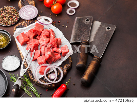 Raw lean diced casserole beef pork steak  47210686