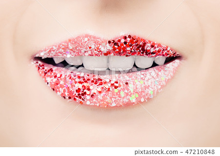 Red lips white teeth. Beautiful female smile 47210848