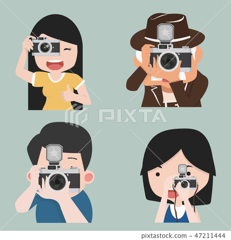 photographer taking photo in different poses photographer taking photo in different poses 47211444
