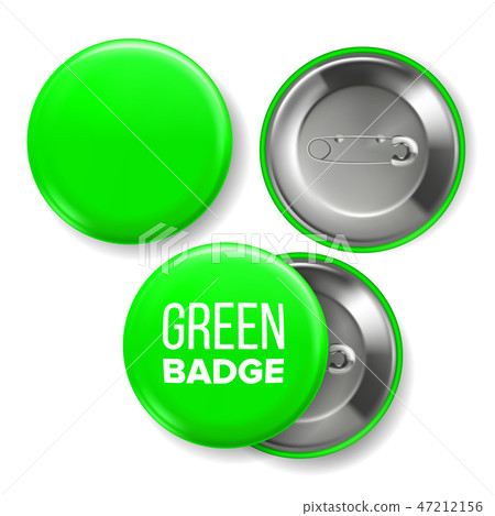 Green Badge Mockup Vector. Pin Brooch Green Button Blank. Two Sides. Front, Back View. Branding 47212156
