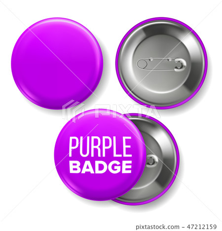 Purple Badge Mockup Vector. Pin Brooch Purple Button Blank. Two Sides. Front, Back View. Branding Purple Badge Mockup Vector. Pin Brooch Purple Button Blank. Two Sides. Front, Back View. Branding 47212159