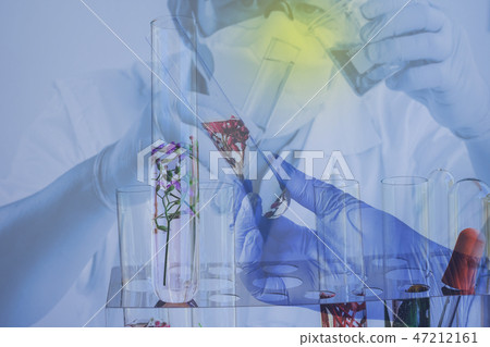 Double exposure Small plants in test tube Double exposure Small plants in test tube 47212161
