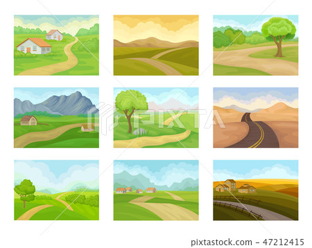 Flat vector set of natural landscapes with road, green meadows, houses and mountains. Outdoor Flat vector set of natural landscapes with road, green meadows, houses and mountains. Outdoor 47212415