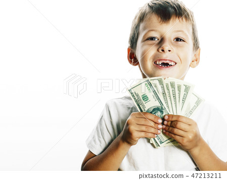 young cute boy holding lot of cash, american dollars young cute boy holding lot of cash, american dollars 47213211