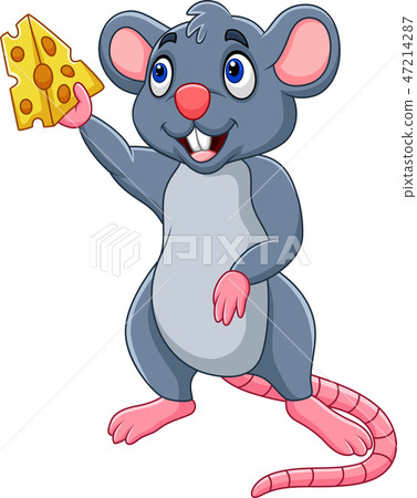 Cartoon mouse showing slice of cheese Cartoon mouse showing slice of cheese 47214287