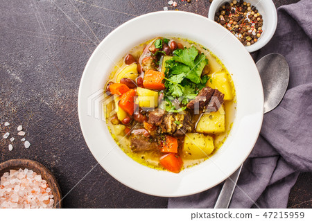 Traditional eintopf soup with meat, beans  47215959
