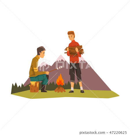 People camping, tourists near bonfire, man roasting marshmallows, outdoor adventures travel People camping, tourists near bonfire, man roasting marshmallows, outdoor adventures travel 47220625