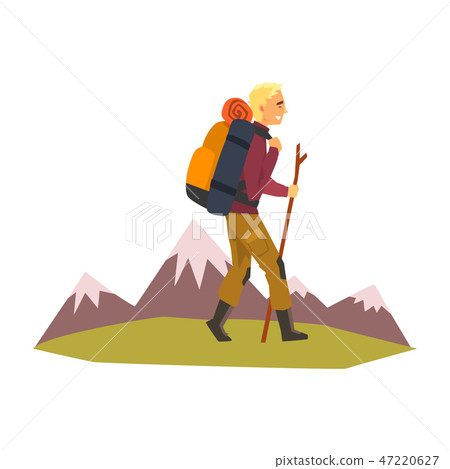 Man walking with backpack and stuff, summer mountain landscape, outdoor adventures, travel, camping Man walking with backpack and stuff, summer mountain landscape, outdoor adventures, travel, camping 47220627