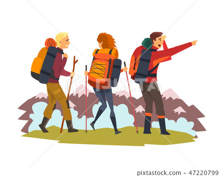 Men and woman travelling together, tourists hiking in mountains, summer adventure and exploration Men and woman travelling together, tourists hiking in mountains, summer adventure and exploration 47220799