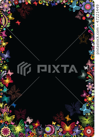 Floral frame with butterflies on a black backgroun 47221449