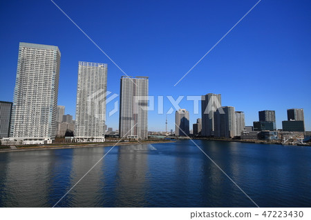 Landscape of Tokyo: High-rise apartments of Harumi and Tokyo Sky Tree seen from Harumi Ohashi 47223430
