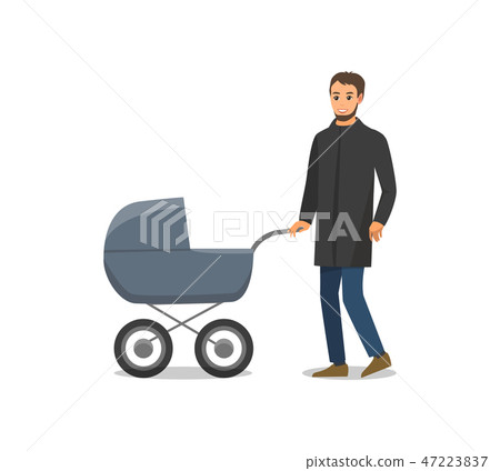 Pram with Newborn Child and Father Isolated Vector 47223837