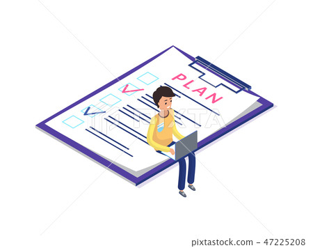 Plan on Clipboard Paper, Man with Laptop Working Plan on Clipboard Paper, Man with Laptop Working 47225208