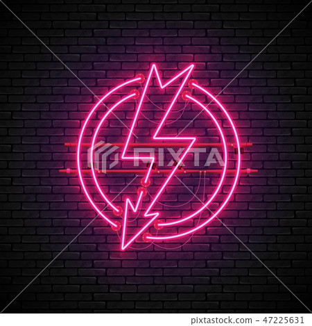 Shining and glowing red lightning neon sign in circle on brick wall Shining and glowing red lightning neon sign in circle on brick wall 47225631