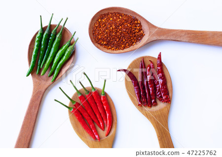 Hot chili pepper on wooden spoon Hot chili pepper on wooden spoon 47225762