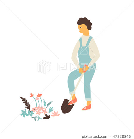 Happy farmer with shovel working in garden 47228846