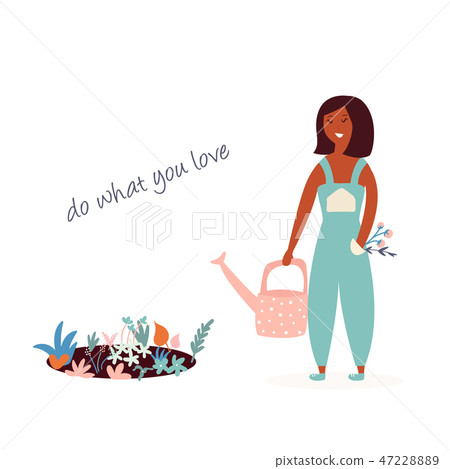 Happy farmer girl planting flowers. Spring works 47228889