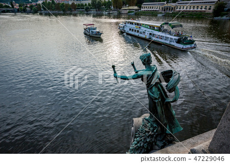 Tourist sightseeing boats river sailing in Prague 47229046