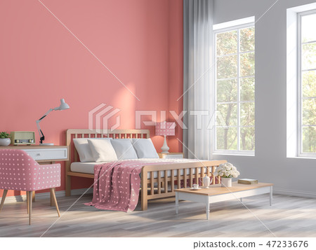 Coral pink bedroom with nature view 3d render Coral pink bedroom with nature view 3d render 47233676
