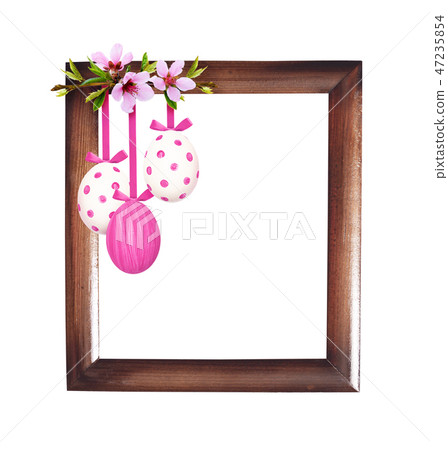 Peach flowers with Easter eggs and wooden frame Peach flowers with Easter eggs and wooden frame 47235854