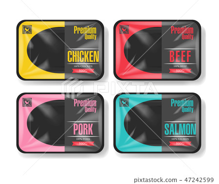 Plastic tray container with cellophane cover. Mockup template for your design. Plastic food Plastic tray container with cellophane cover. Mockup template for your design. Plastic food 47242599