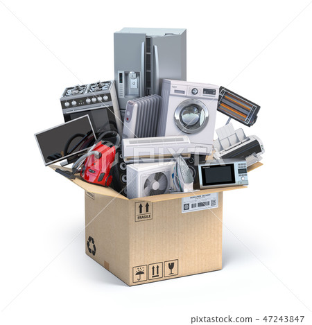 Household  kitchen appliances in open  box.  47243847