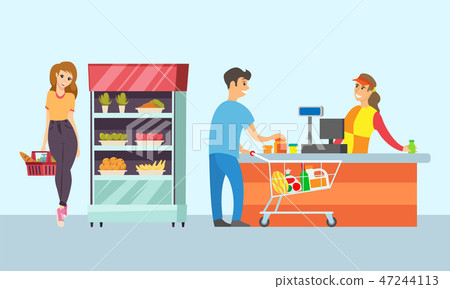 Supermarket Store Cashier and Customers Vector 47244113