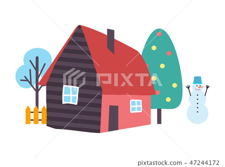 Tree and House Snowman and Nature View Vector 47244172