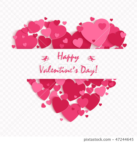 Arrangement in the shape of a heart, pink color, drawn from a variety of hearts, frame. 47244645